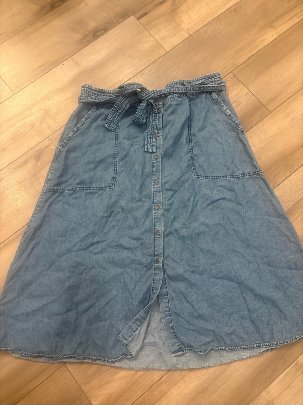 Falls Creek Light Blue Denim Midi Skirt with Button Front and Tie Waist